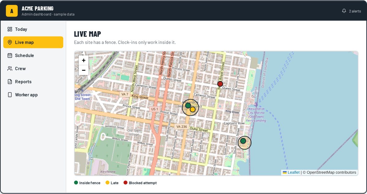 Live map with a boundary around each site and staff markers (sample data)