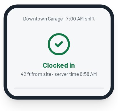 Phone screen: clocked in at the site